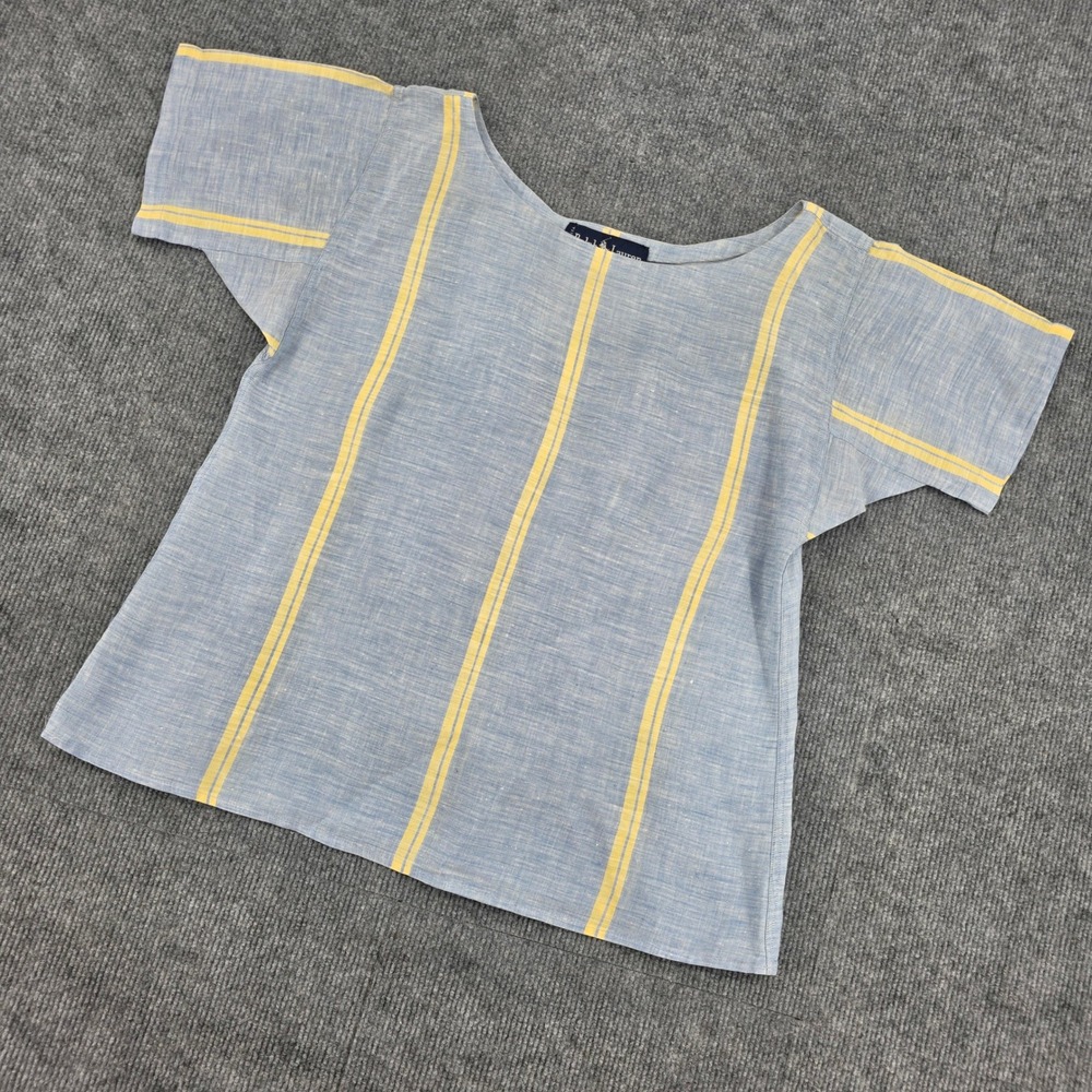 Ralph Lauren Blue Yellow Striped 100% Linen Short Sleeve Blouse Top Size 4 USA